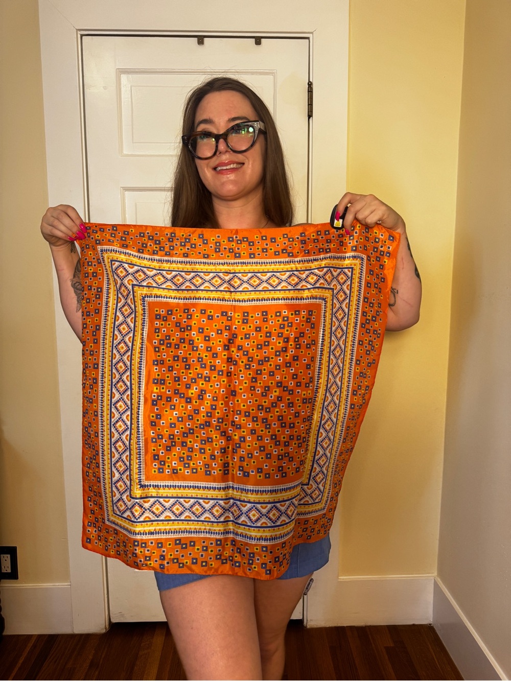 60s-70s Vintage Mod Geometric Print Orange Scarf - Picture 2 of 4